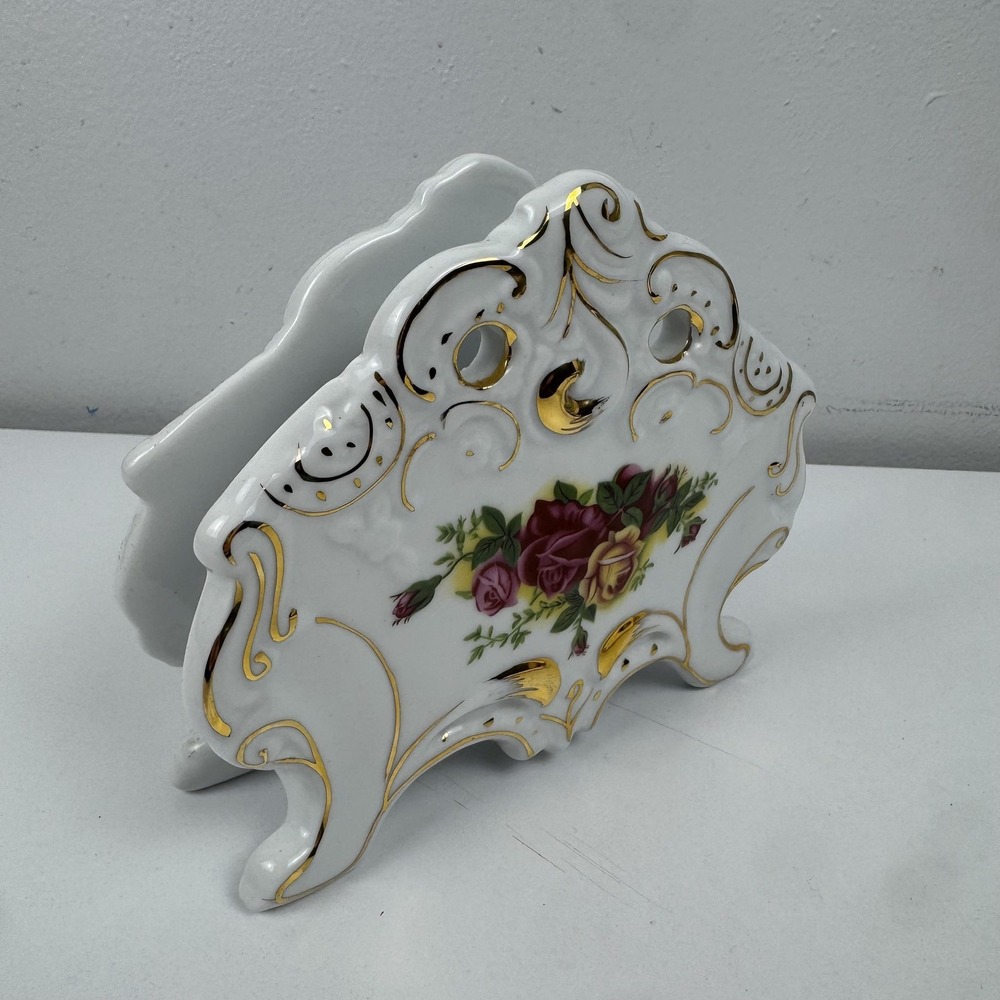 Fine Porcelain White Floral Napkin Holder Gold Trim Porcelain Cottagecore Roses
